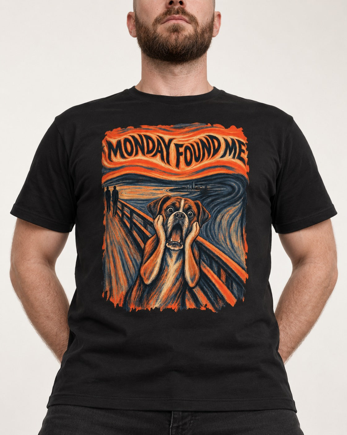 Monday Found Me Scream Boxer T-Shirt in Black, worn by a model, front view