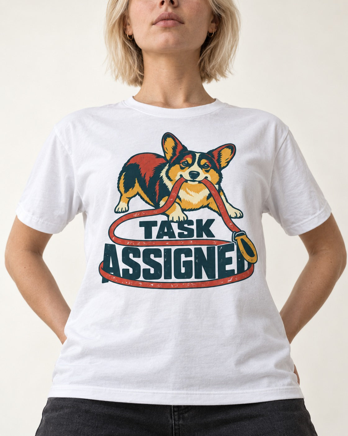 Corgi Task Assigned T-Shirt in White, worn by a model, front view
