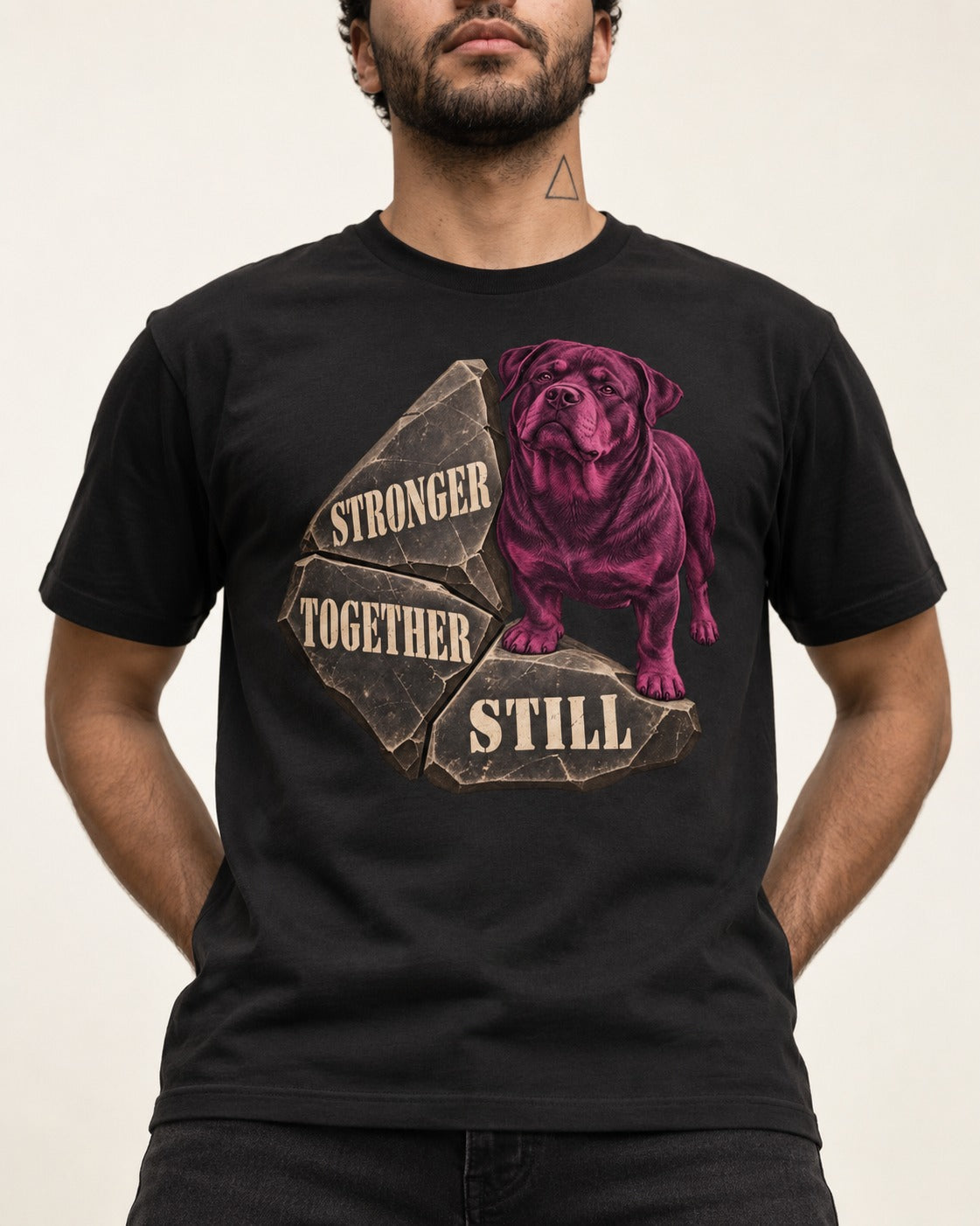 Rottweiler Stronger Together Still Foundation Stone Graphic T-Shirt in Black, worn by a model, front view
