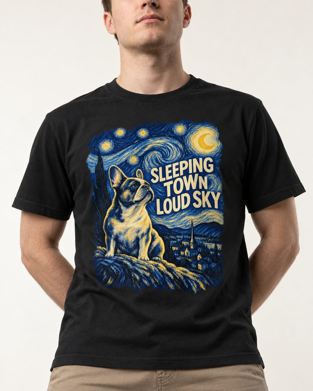 Frenchie Sleeping Town Loud Sky Graphic T-Shirt in Black, worn by a model, front view
