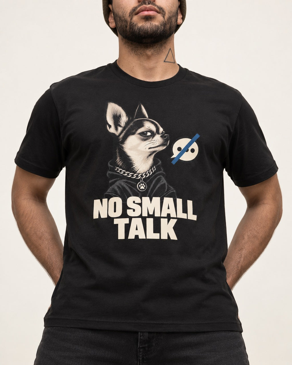 Chihuahua No Small Talk Speech-Off Portrait Graphic T-Shirt in Black, worn by a model, front view