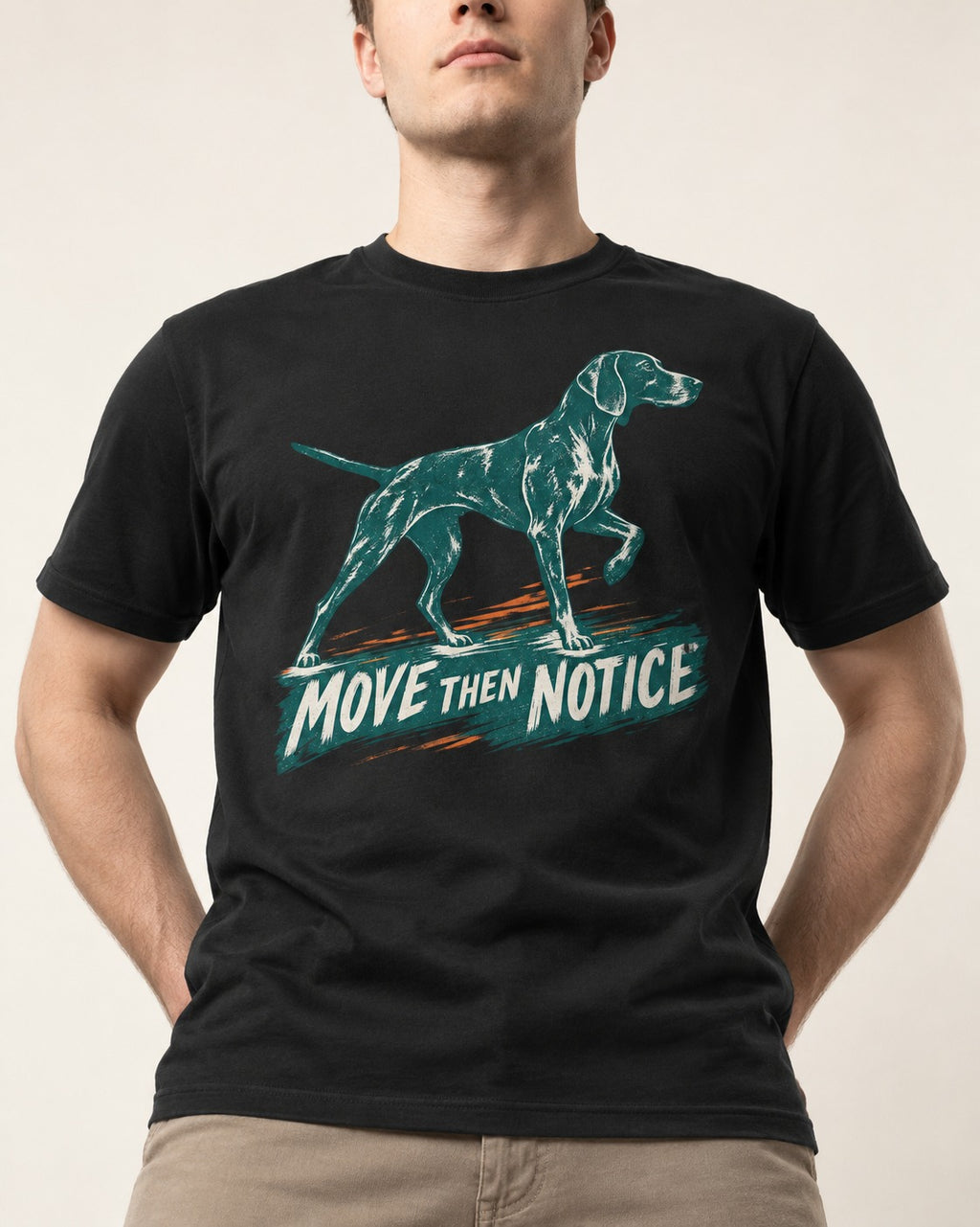 German Shorthaired Pointer Move Then Notice Brushstroke Graphic T-Shirt in Black, worn by a model, front view
