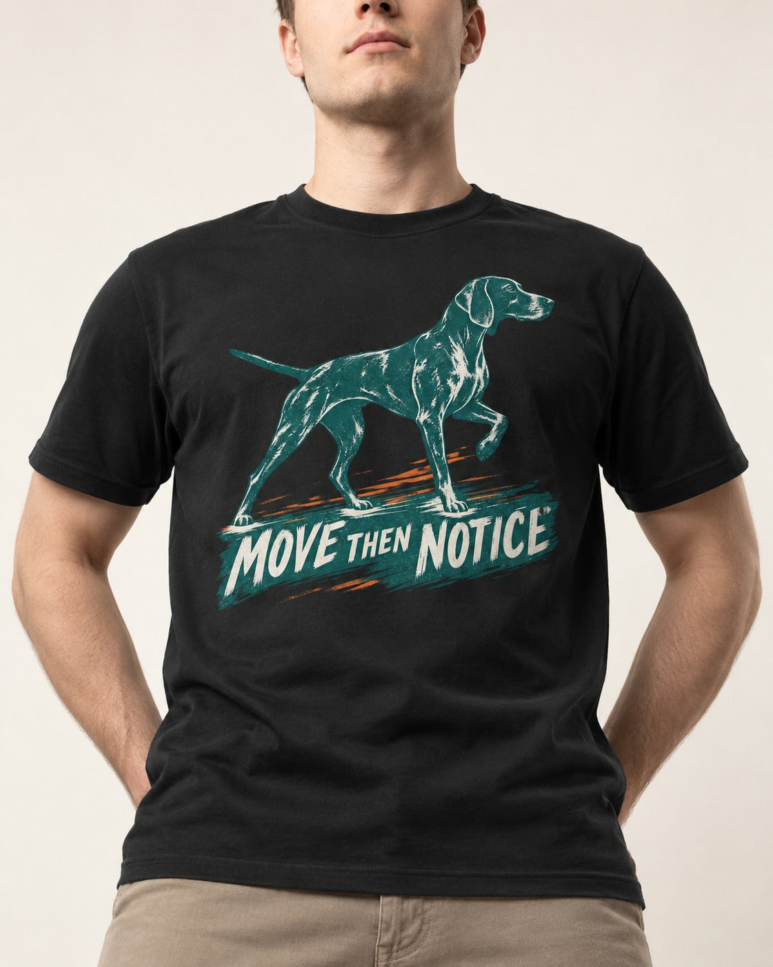 German Shorthaired Pointer Move Then Notice Brushstroke Graphic T-Shirt in Black, worn by a model, front view