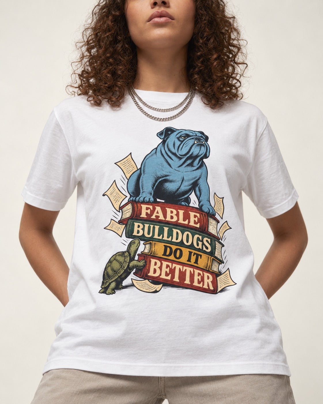 English Bulldog Does It Better T-Shirt in White, worn by a model, front view