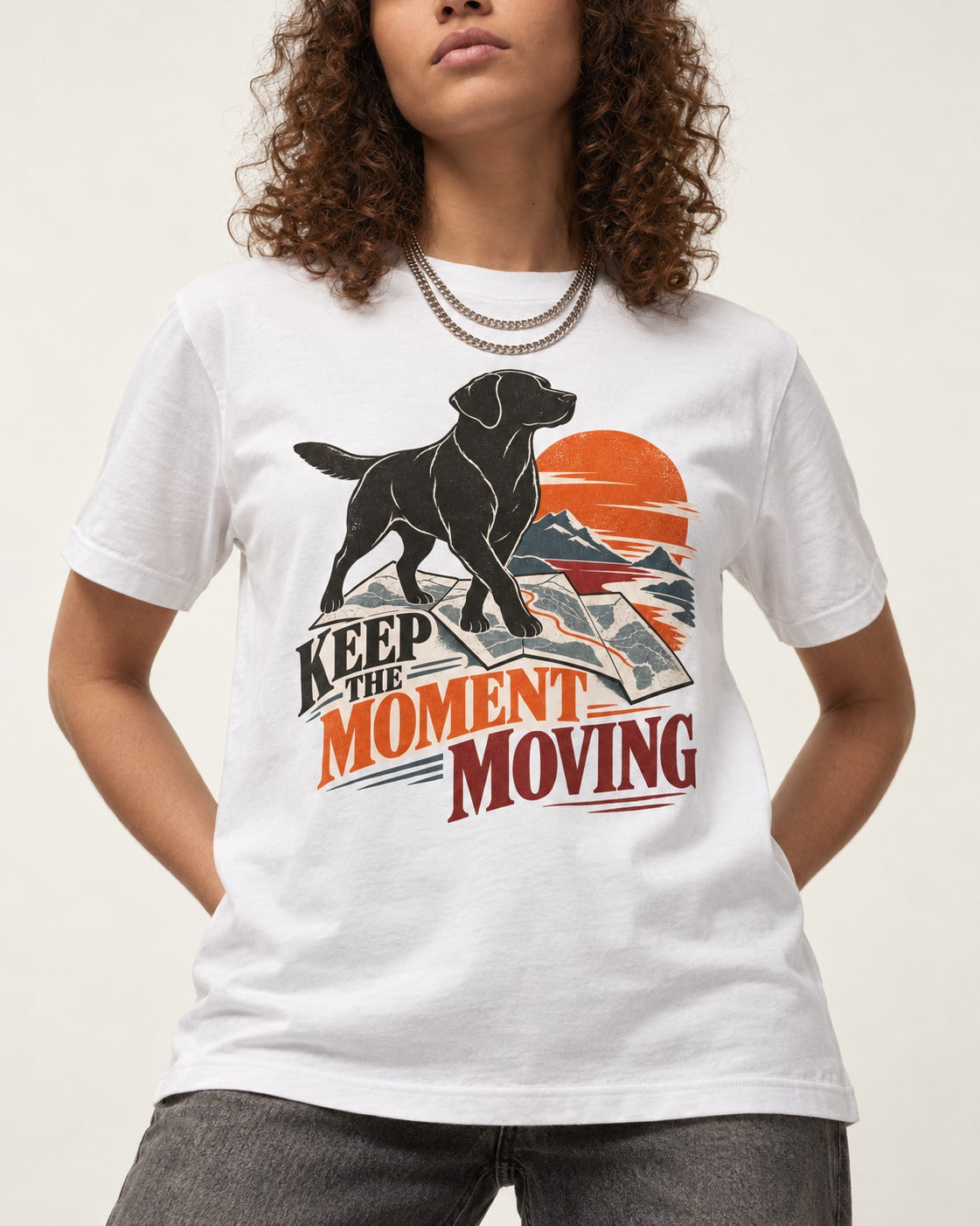 Keep the Moment Moving Labrador Retriever T-Shirt in White, worn by a model, front view