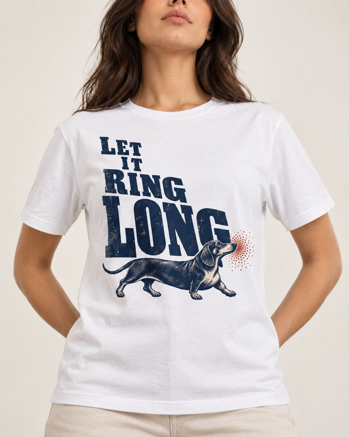 Let It Ring Long Dachshund T-Shirt in White, worn by a model, front view