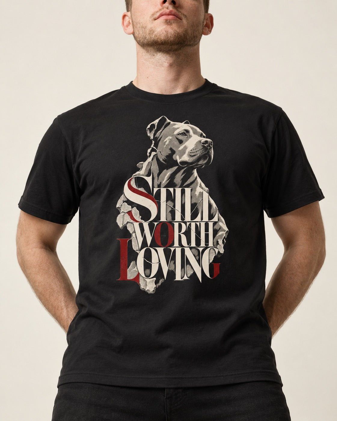 Pitbull Still Worth Loving Torn Poster Portrait Graphic T-Shirt in Black, worn by a model, front view