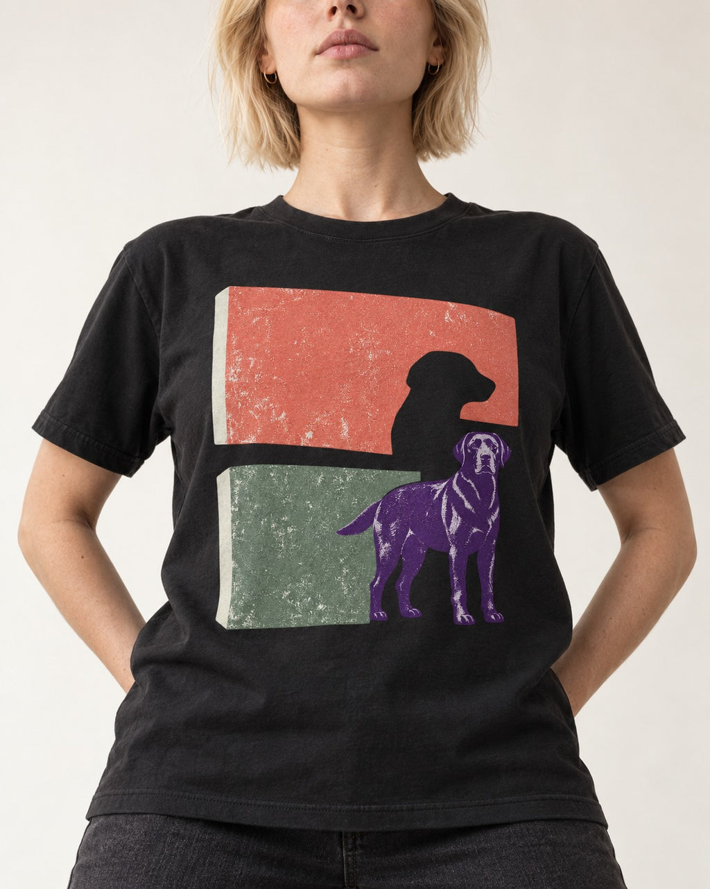 Labrador Retriever Field Test Brutalist Panels Graphic T-Shirt in Black, worn by a model, front view
