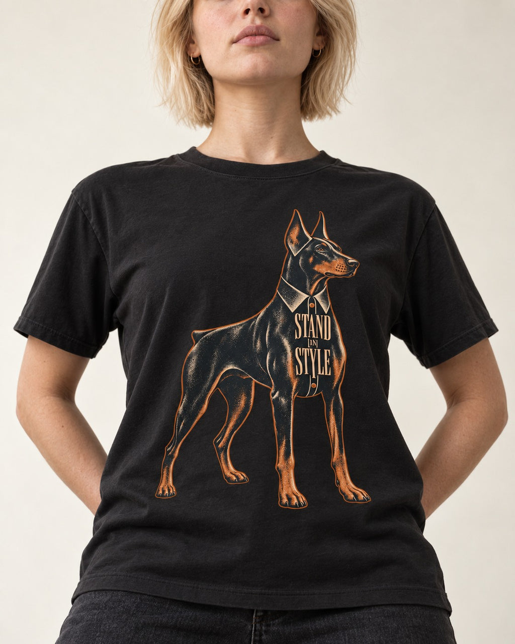 Doberman Stand in Style Suit Graphic T-Shirt in Black, worn by a model, front view
