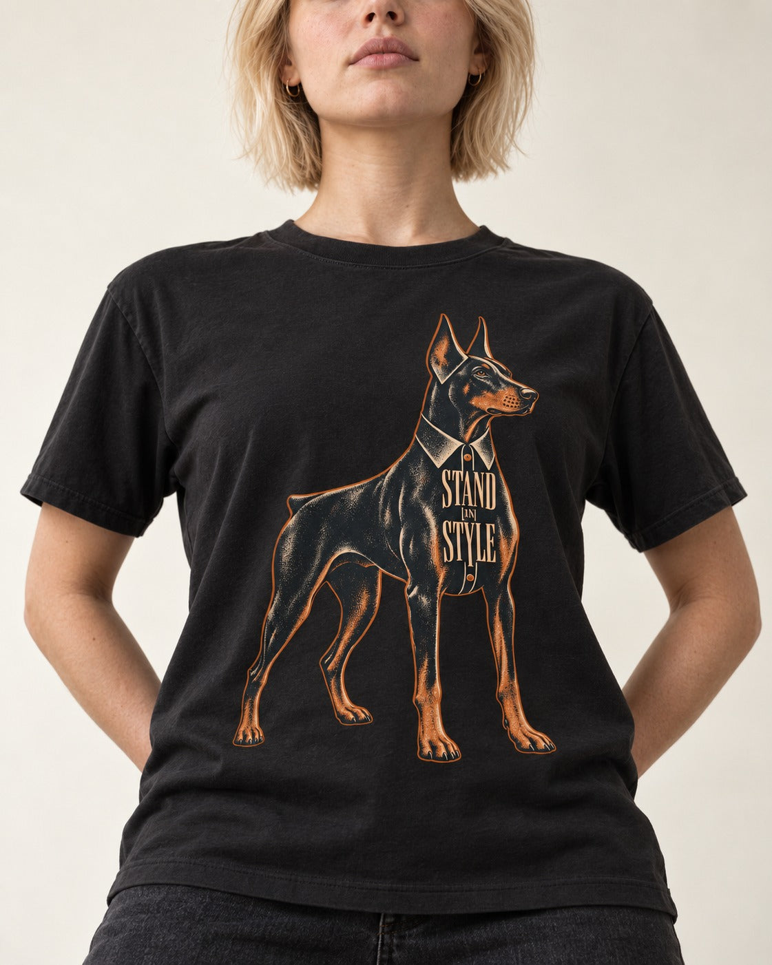 Doberman Stand in Style Suit Graphic T-Shirt in Black, worn by a model, front view