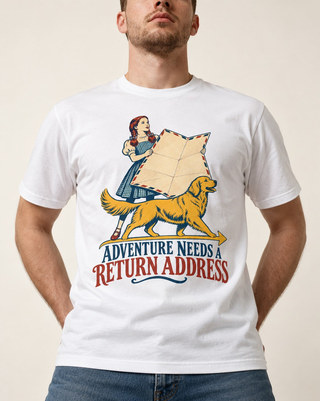 Golden Retriever Return Address T-Shirt in White, worn by a model, front view