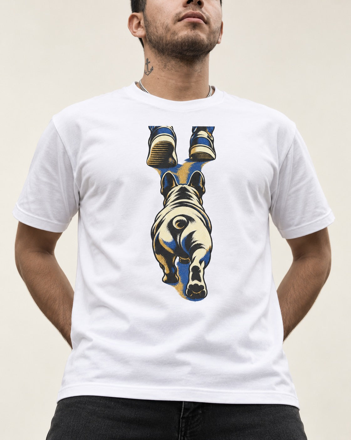 Frenchie Wherever I Go T-Shirt in White, worn by a model, front view