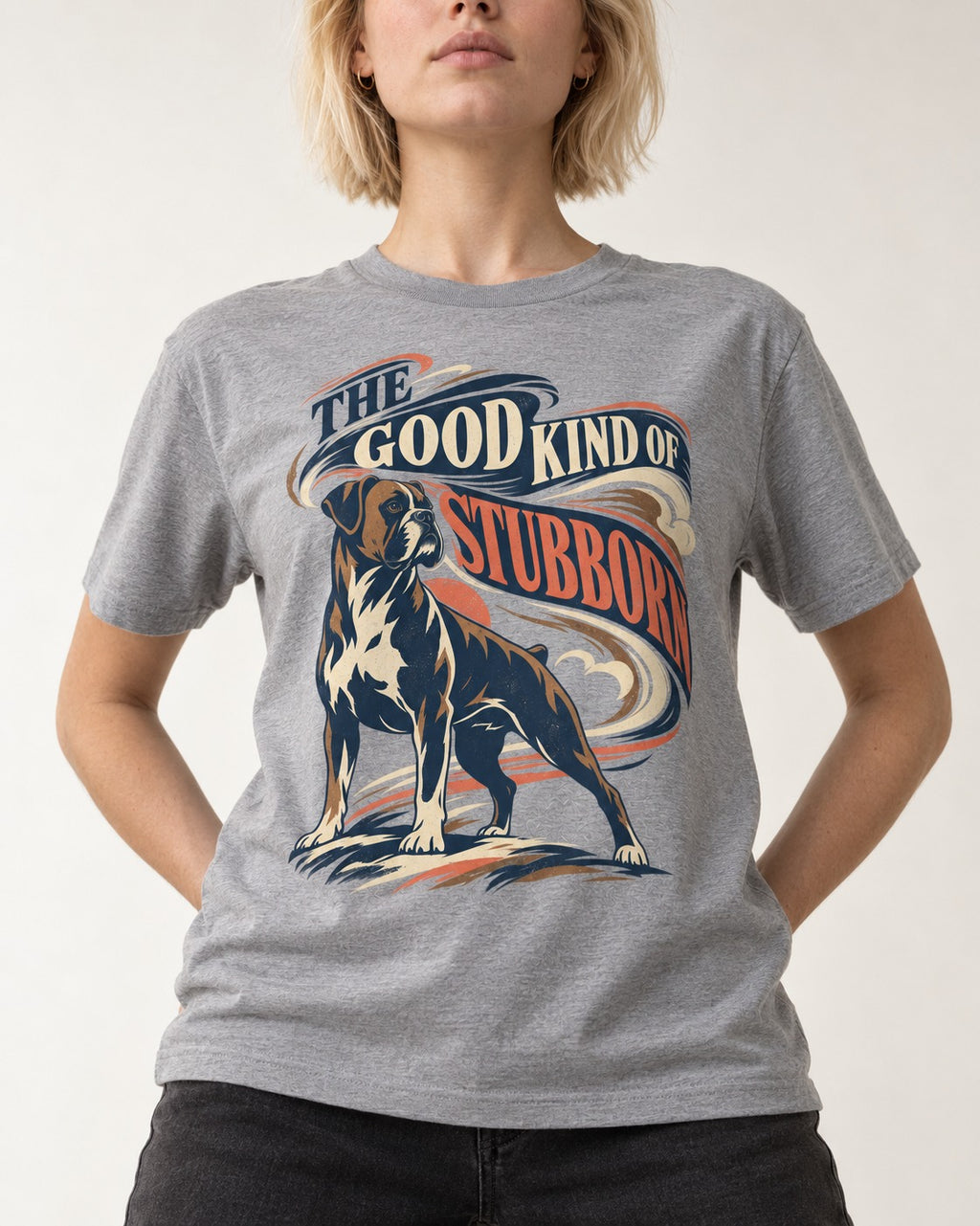 Boxer The Good Kind of Stubborn T-Shirt in Sport Grey, worn by a model, front view