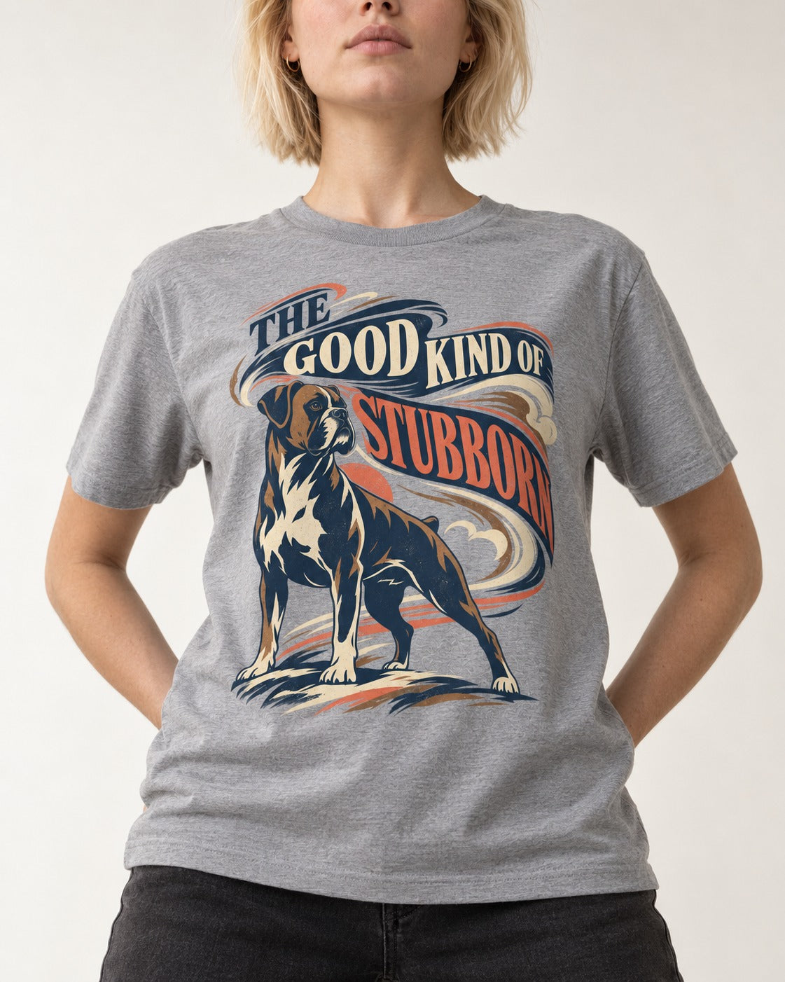 Boxer The Good Kind of Stubborn T-Shirt in Sport Grey, worn by a model, front view