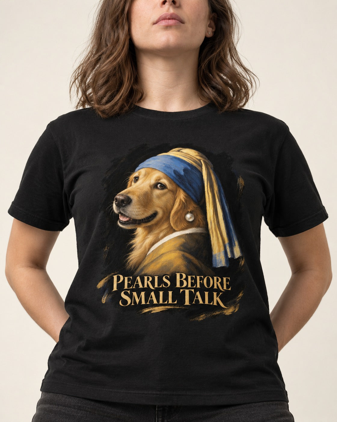 Pearls Before Small Talk Pearl Portrait Golden Retriever Graphic T-Shirt in Black, worn by a model, front view