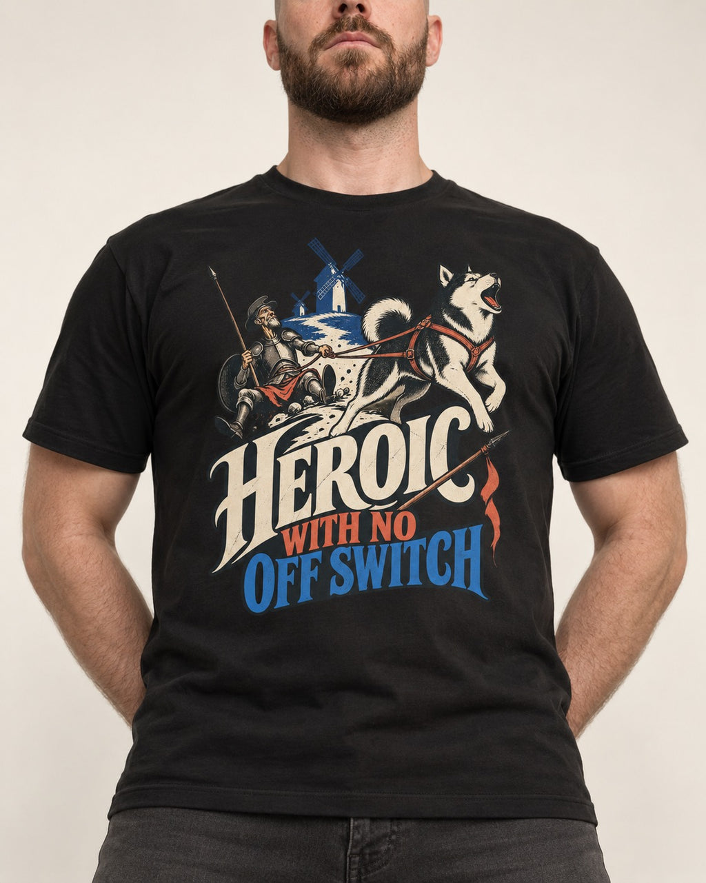 Husky Heroic with No Off Switch Don Quixote Graphic T-Shirt in Black, worn by a model, front view