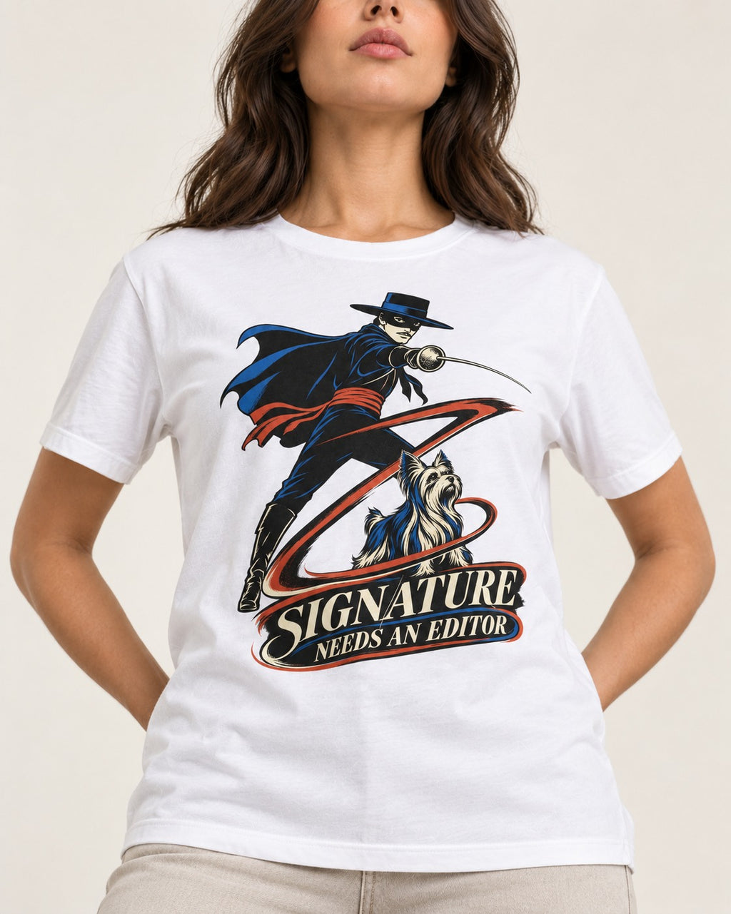 Yorkshire Terrier Signature Needs an Editor T-Shirt in White, worn by a model, front view