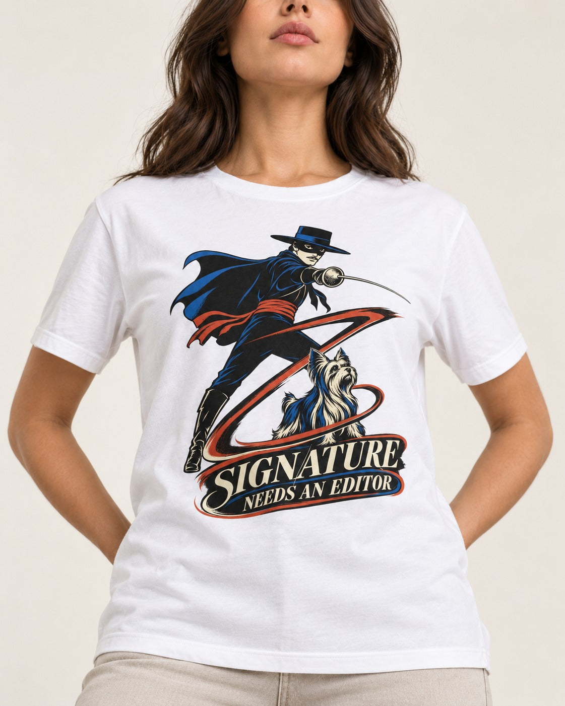 Yorkshire Terrier Signature Needs an Editor T-Shirt in White, worn by a model, front view