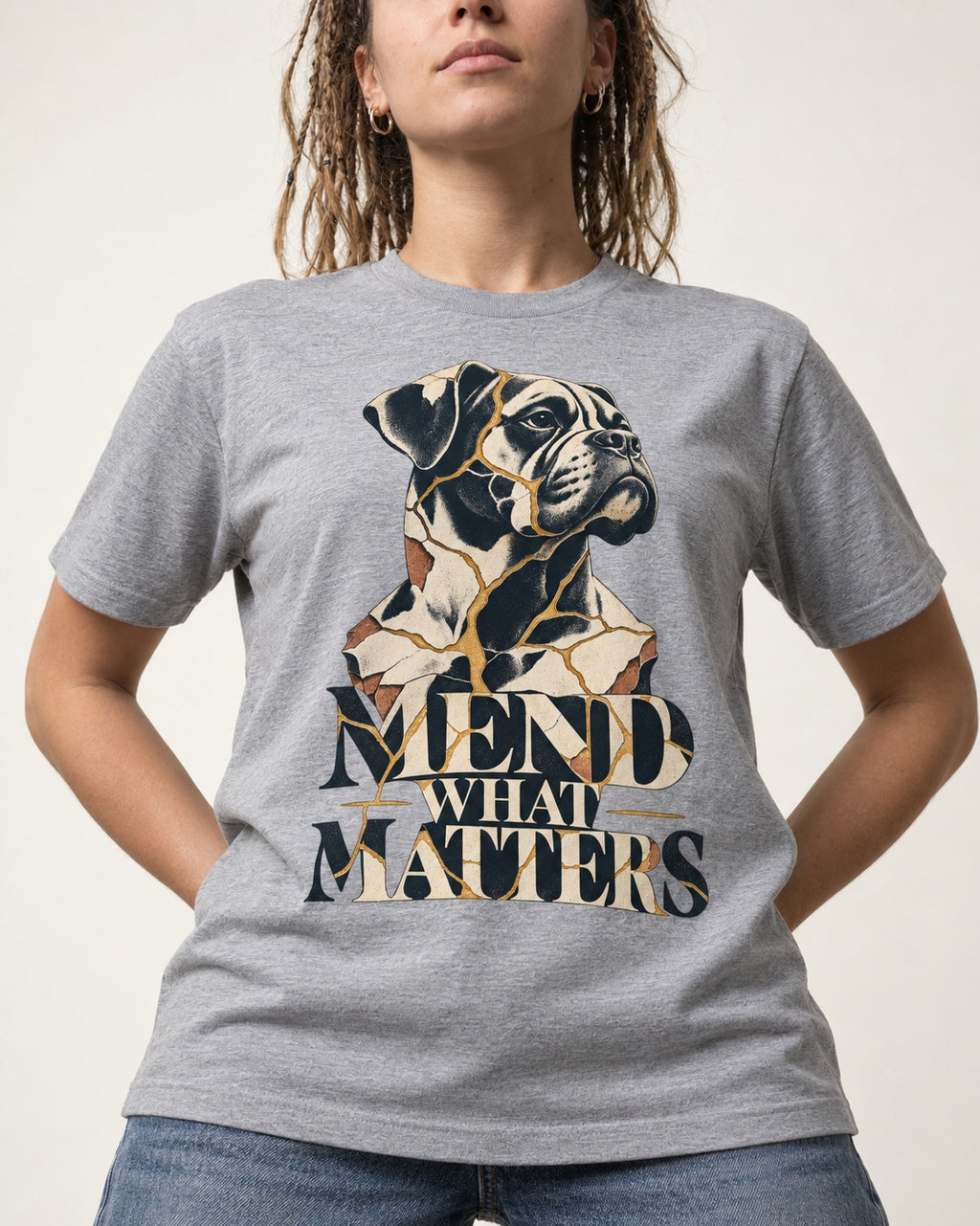 Mend What Matters Boxer Kintsugi Portrait T-Shirt in Sport Grey, worn by a model, front view