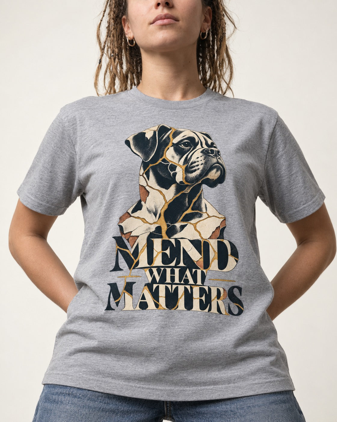 Mend What Matters Boxer Kintsugi Portrait T-Shirt in Sport Grey, worn by a model, front view
