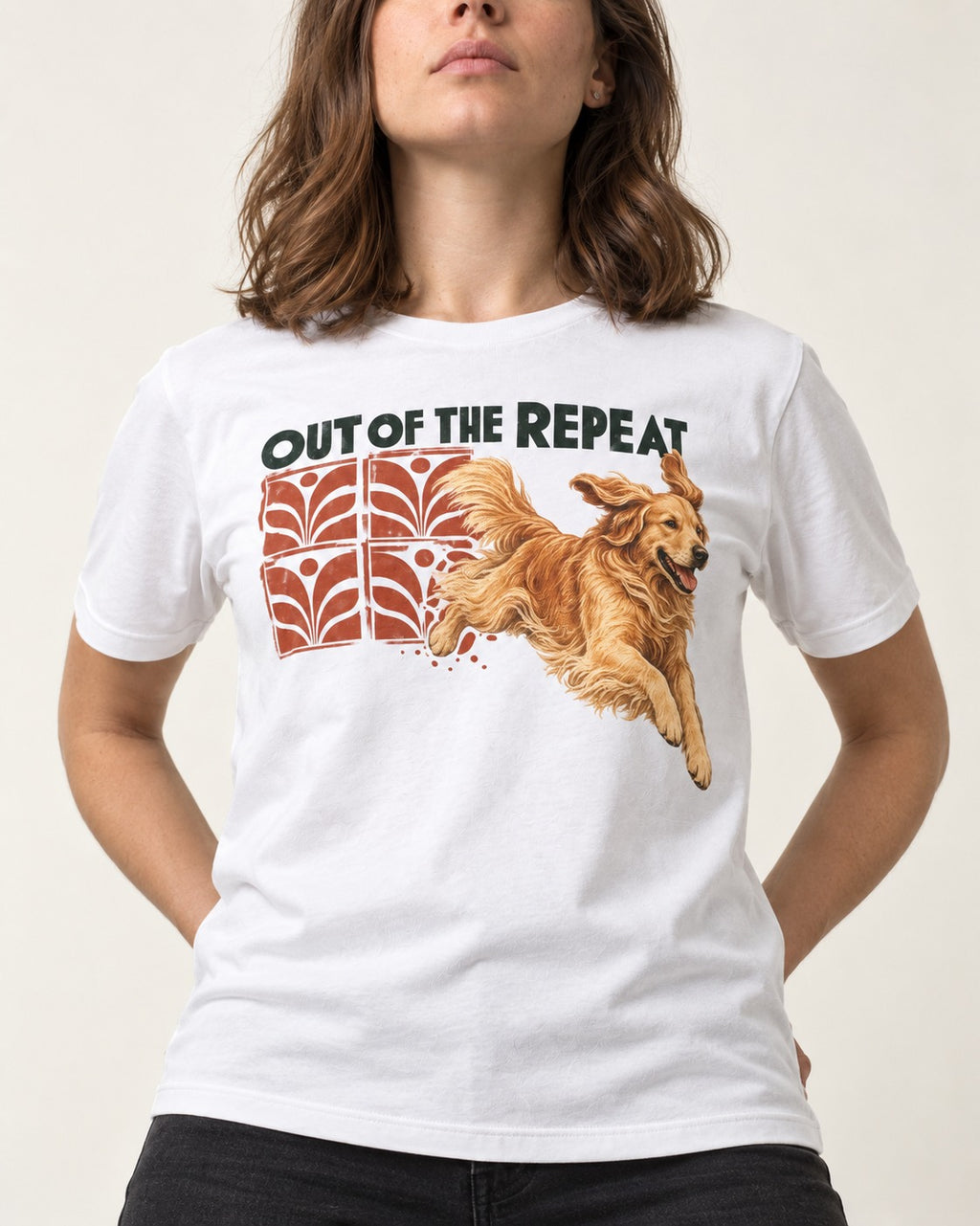 Golden Retriever Out of the Repeat T-Shirt in White, worn by a model, front view