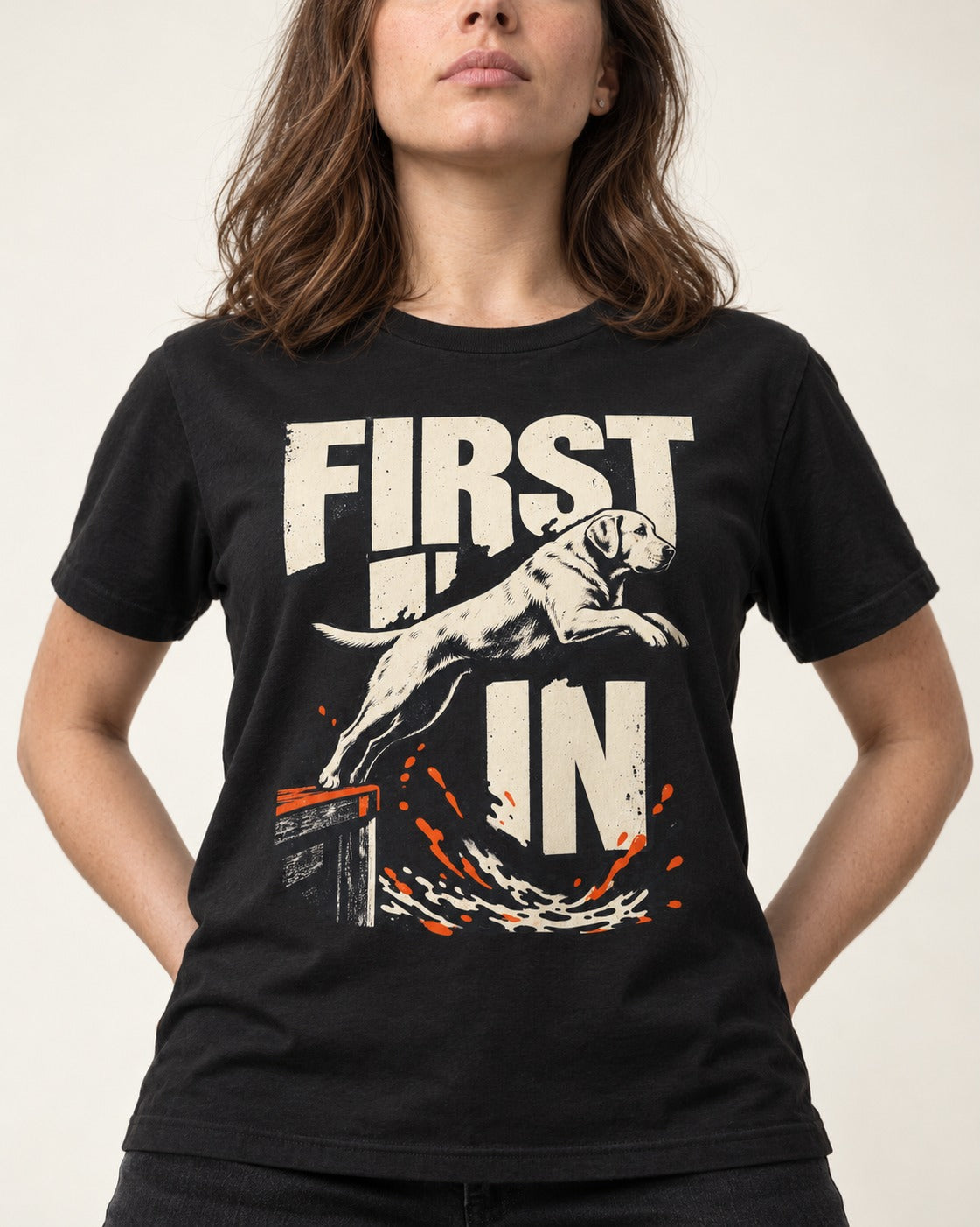First In Dock Jump Labrador Retriever Graphic T-Shirt in Black, worn by a model, front view