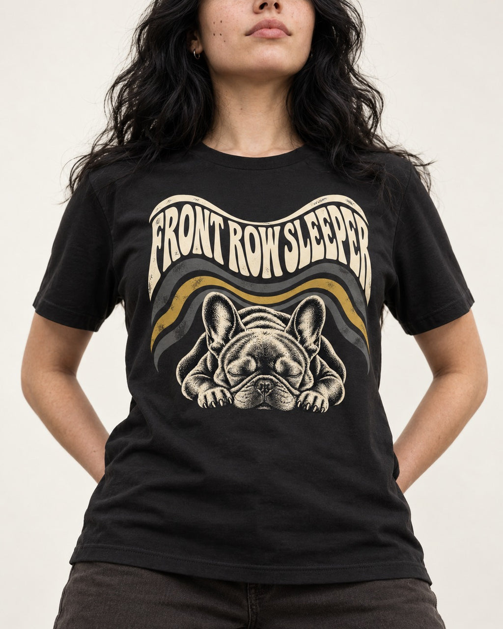 Frenchie Front Row Sleeper Retro Graphic T-Shirt in Black, worn by a model, front view