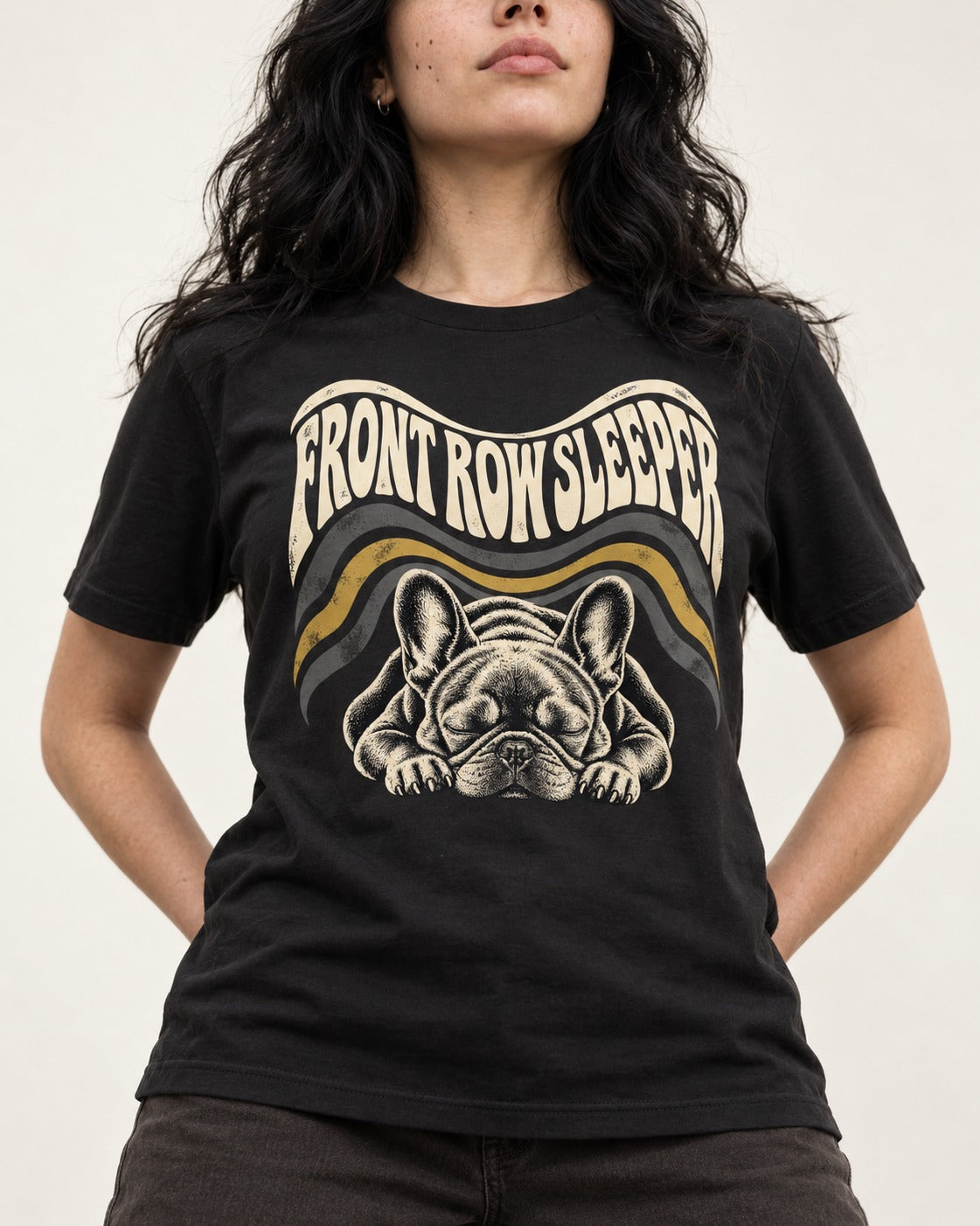 Frenchie Front Row Sleeper Retro Graphic T-Shirt in Black, worn by a model, front view