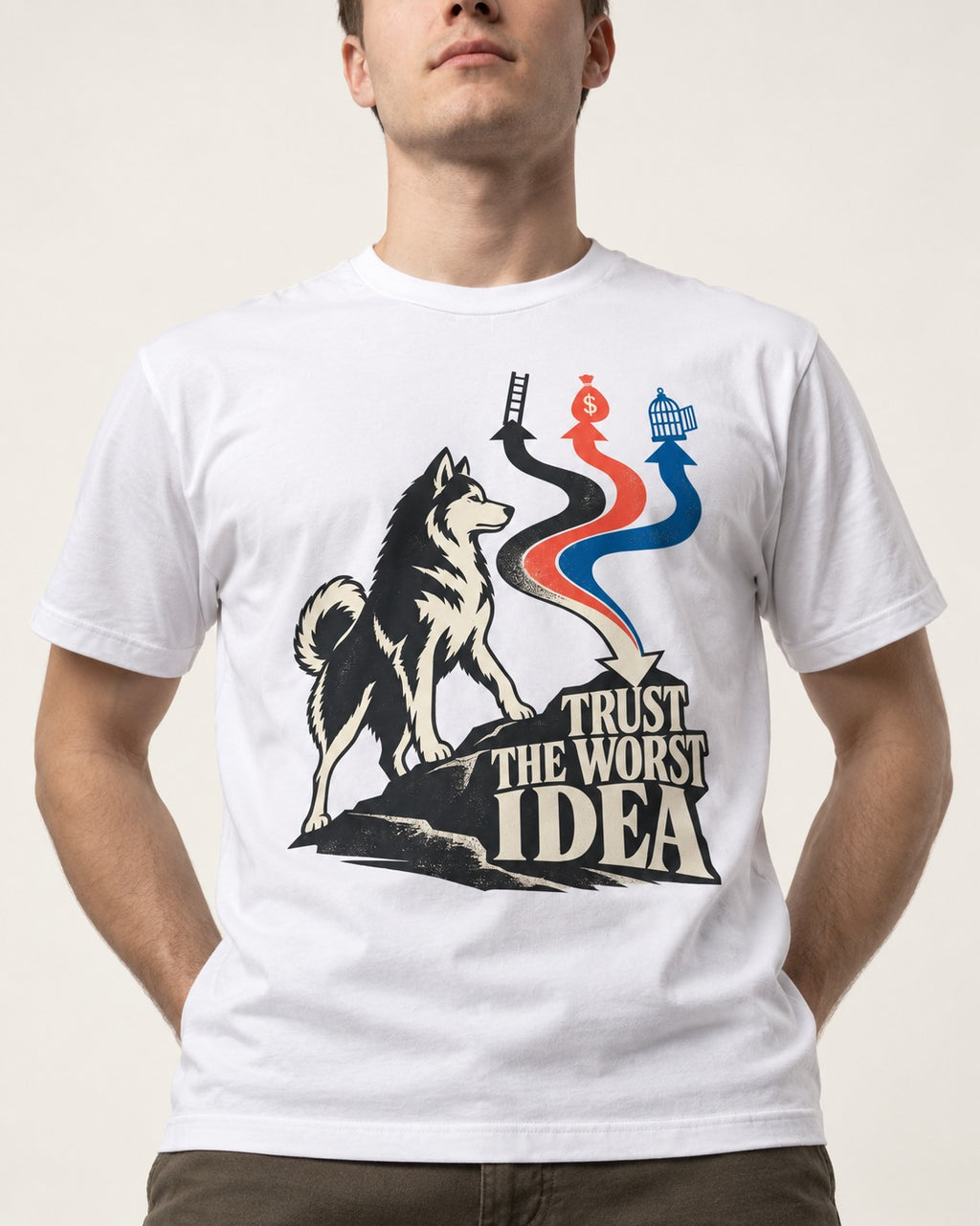 Trust the Worst Husky Idea T-Shirt in White, worn by a model, front view