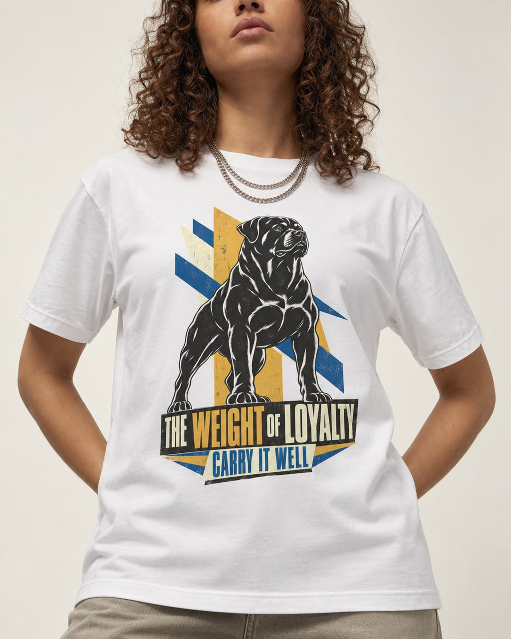 Rottweiler Weight of Loyalty T-Shirt in White, worn by a model, front view