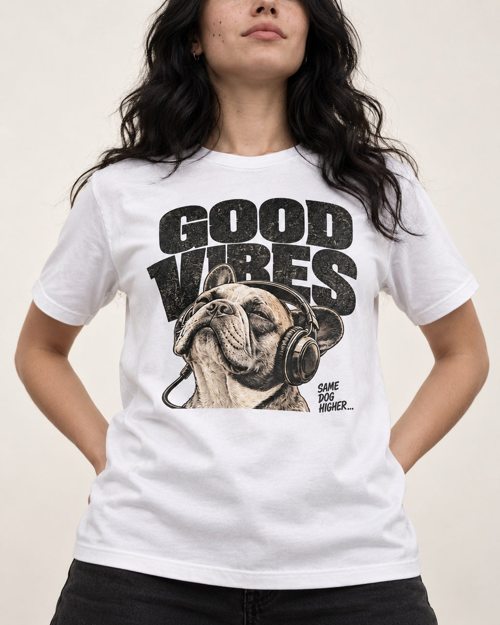Frenchie Good Vibes T-Shirt in White, worn by a model, front view
