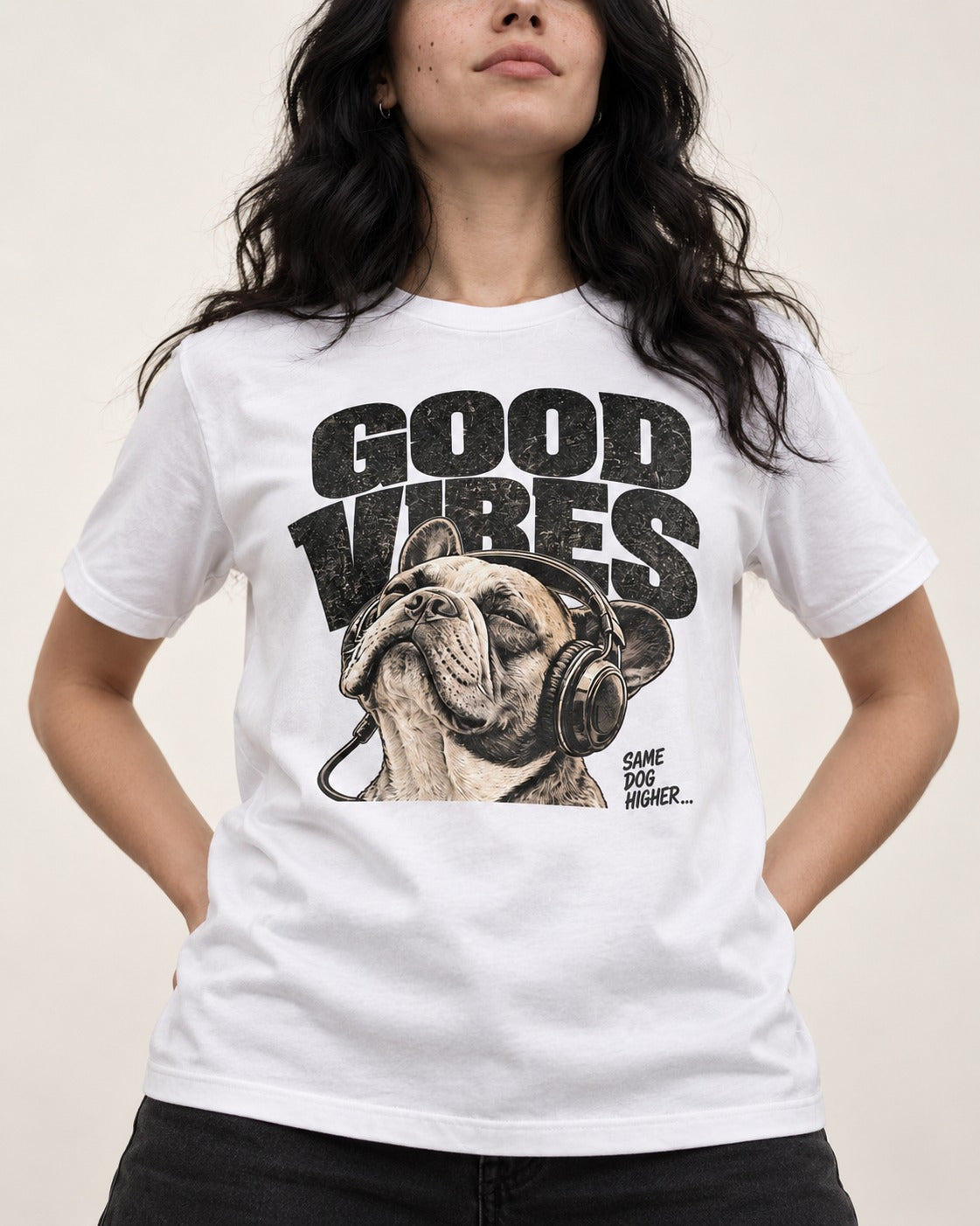 Frenchie Good Vibes T-Shirt in White, worn by a model, front view