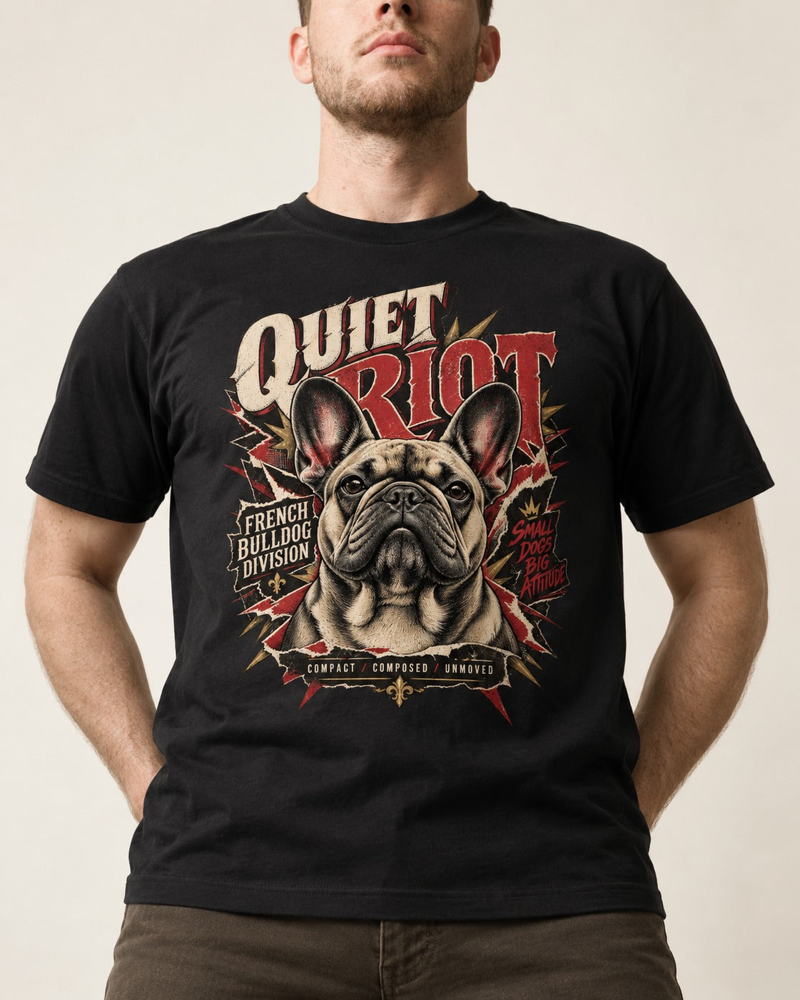 Frenchie Quiet Riot Division Emblem T-Shirt in Black, worn by a model, front view