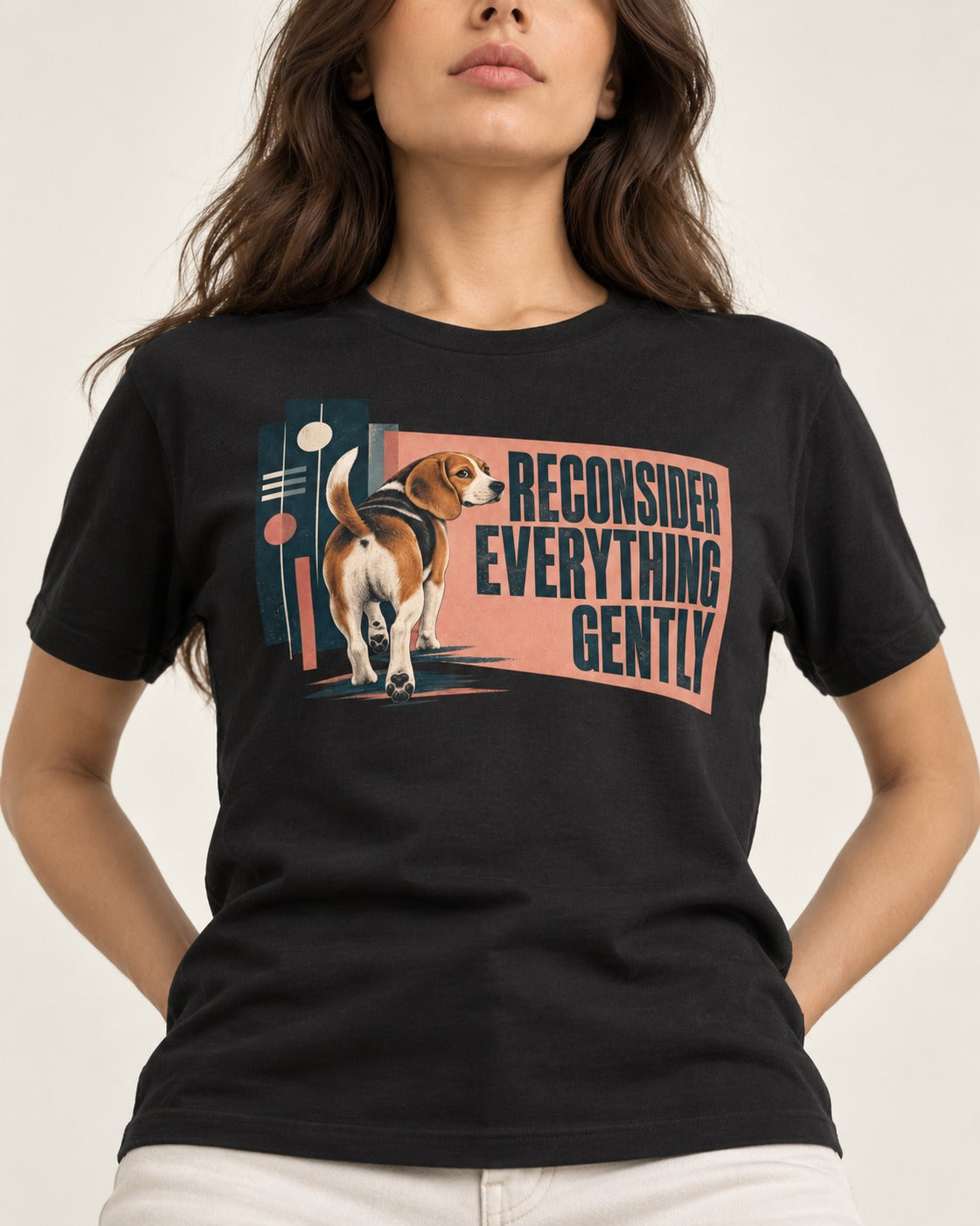 Beagle Reconsider Everything Gently Retro Graphic T-Shirt in Black, worn by a model, front view