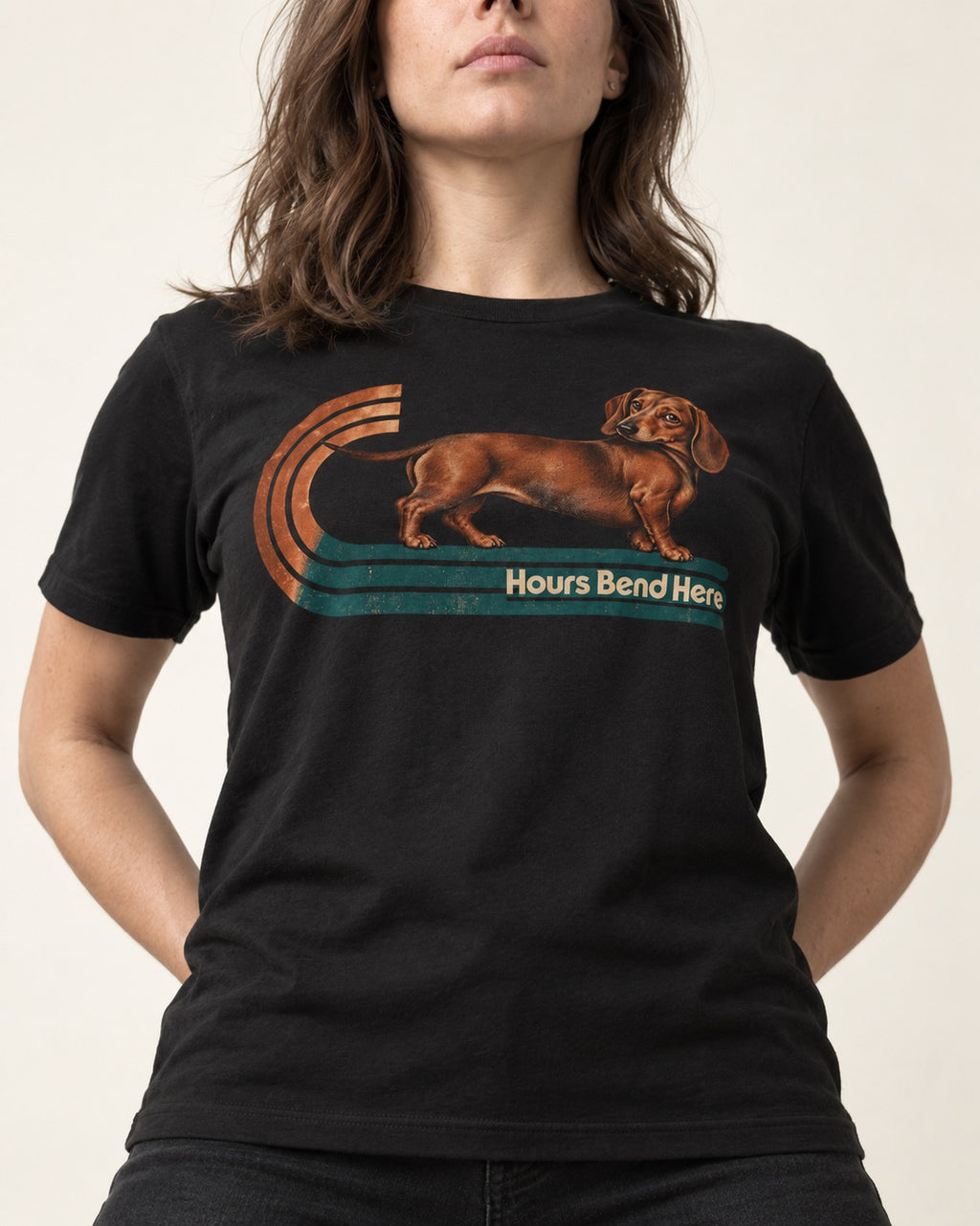 Dachshund Hours Bend Here Retro Track Graphic T-Shirt in Black, worn by a model, front view