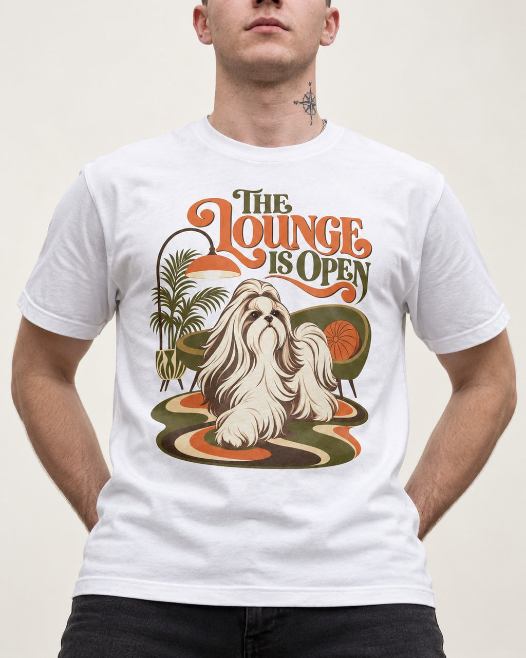The Shih Tzu Lounge Is Open T-Shirt in White, worn by a model, front view