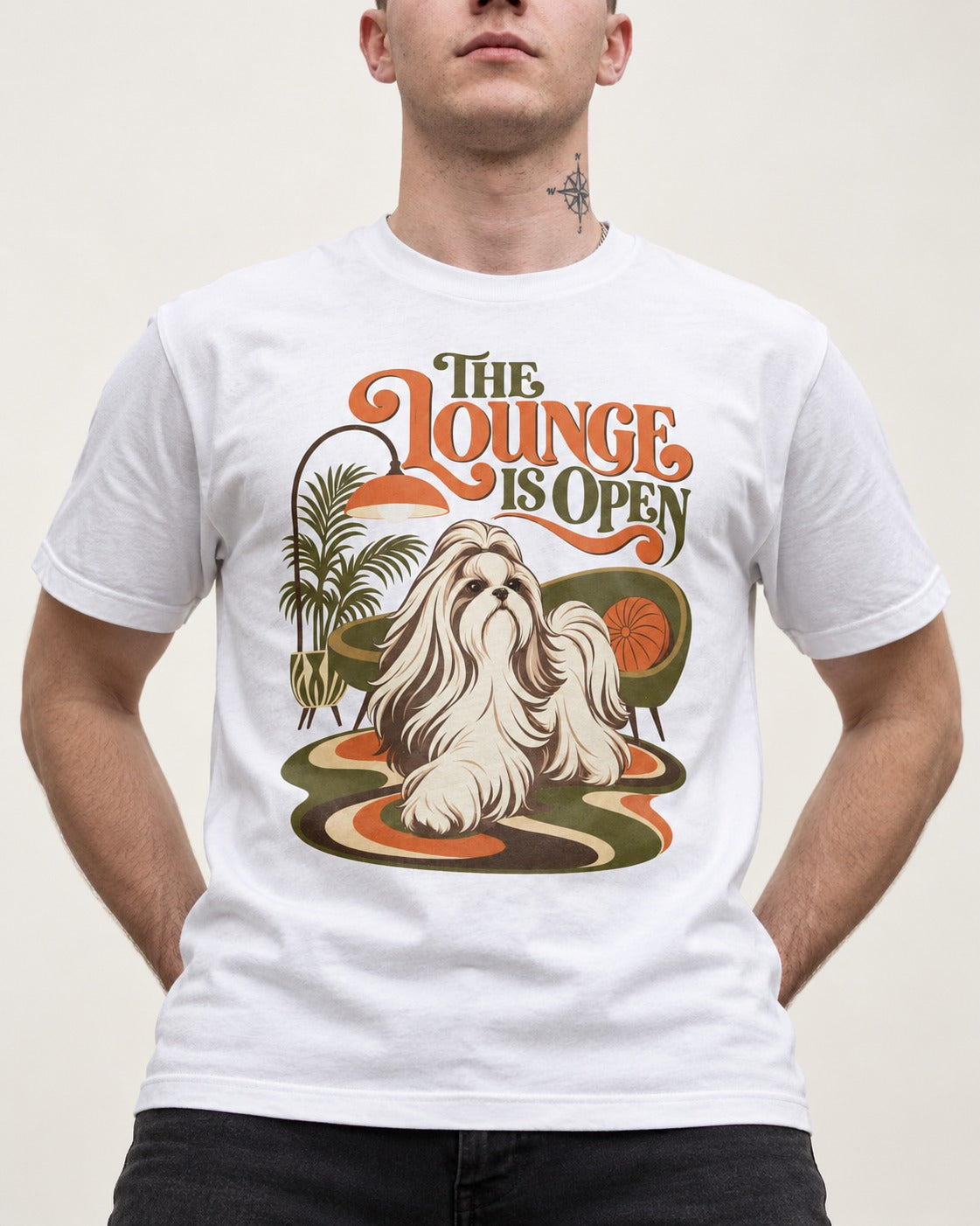 The Shih Tzu Lounge Is Open T-Shirt in White, worn by a model, front view