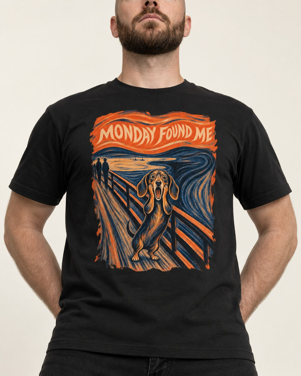 Dachshund Monday Found Me Scream Poster T-Shirt in Black, worn by a model, front view