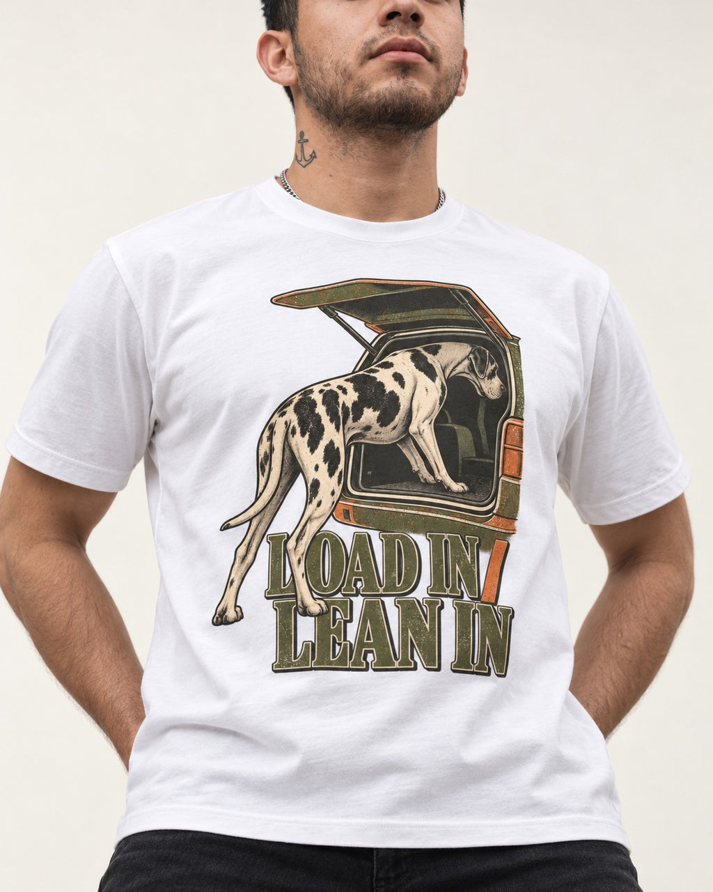 Great Dane Loadin' Leanin' T-Shirt in White, worn by a model, front view