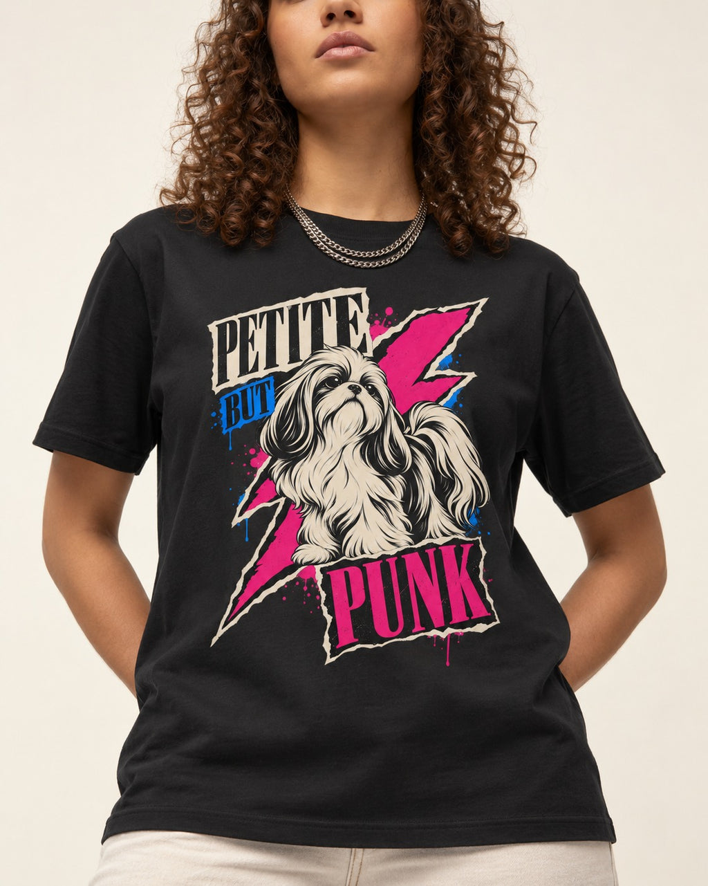Shih Tzu Petite but Punk Lightning Graphic T-Shirt in Black, worn by a model, front view