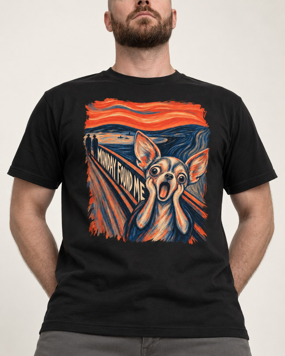 Monday Found Me Chihuahua Scream Path T-Shirt in Black, worn by a model, front view