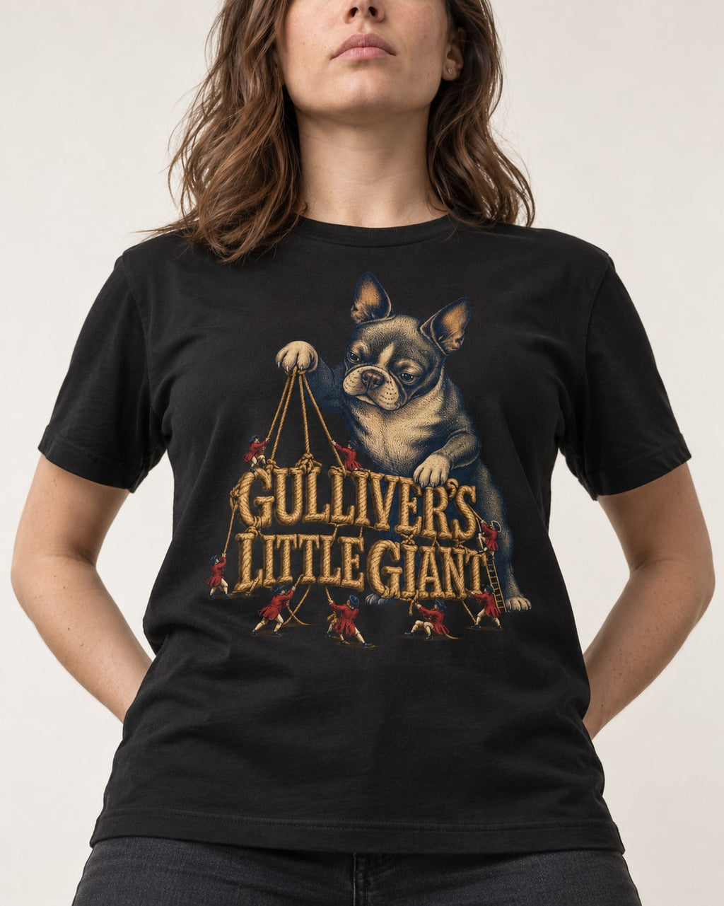 Boston Terrier Gulliver’s Little Giant T-Shirt in Black, worn by a model, front view