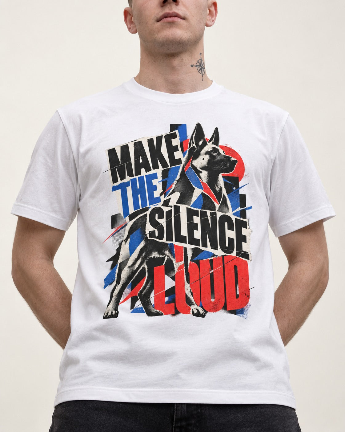 German Shepherd Dog Make the Silence Loud T-Shirt in White, worn by a model, front view