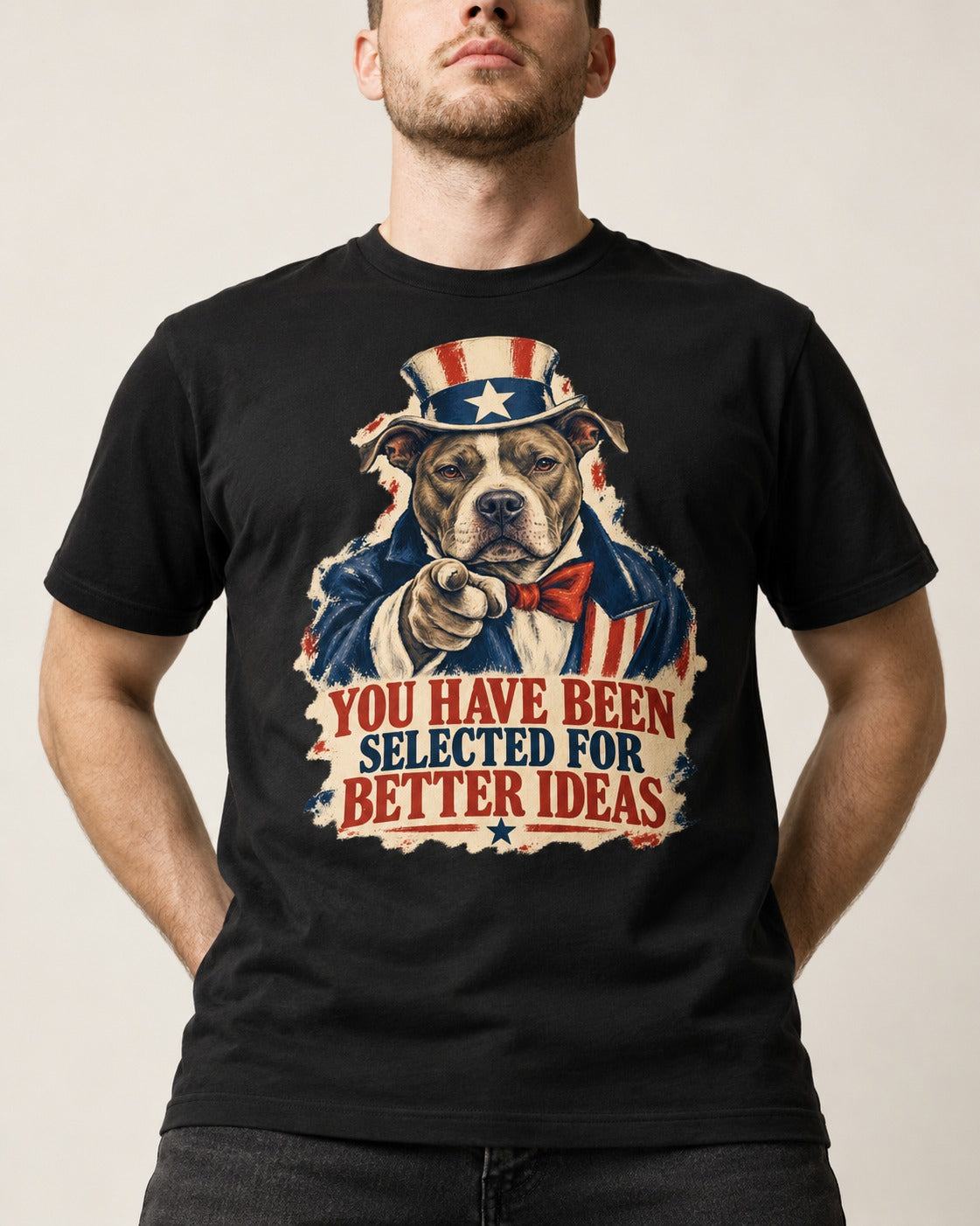 Pitbull You Have Been Selected for Better Ideas Uncle Sam Graphic T-Shirt in Black, worn by a model, front view