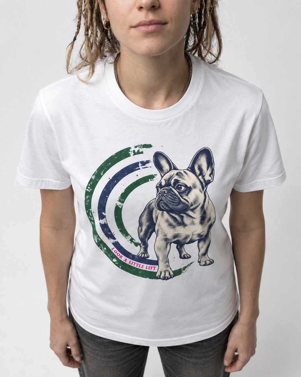 Frenchie Look a Little Left Orbit Graphic T-Shirt in White, worn by a model, front view