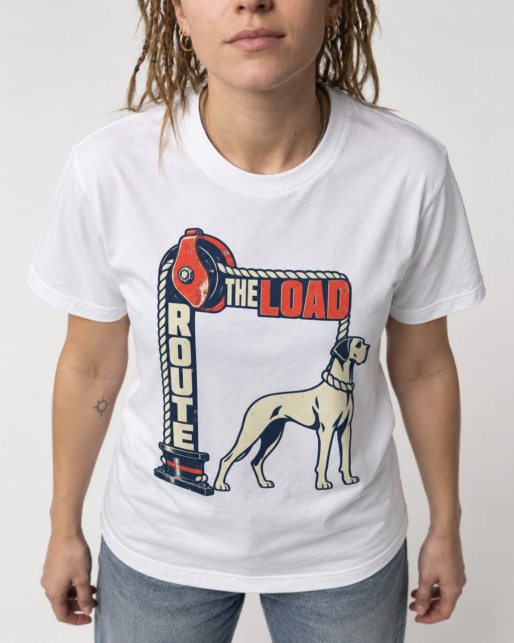 Great Dane Route the Load T-Shirt in White, worn by a model, front view