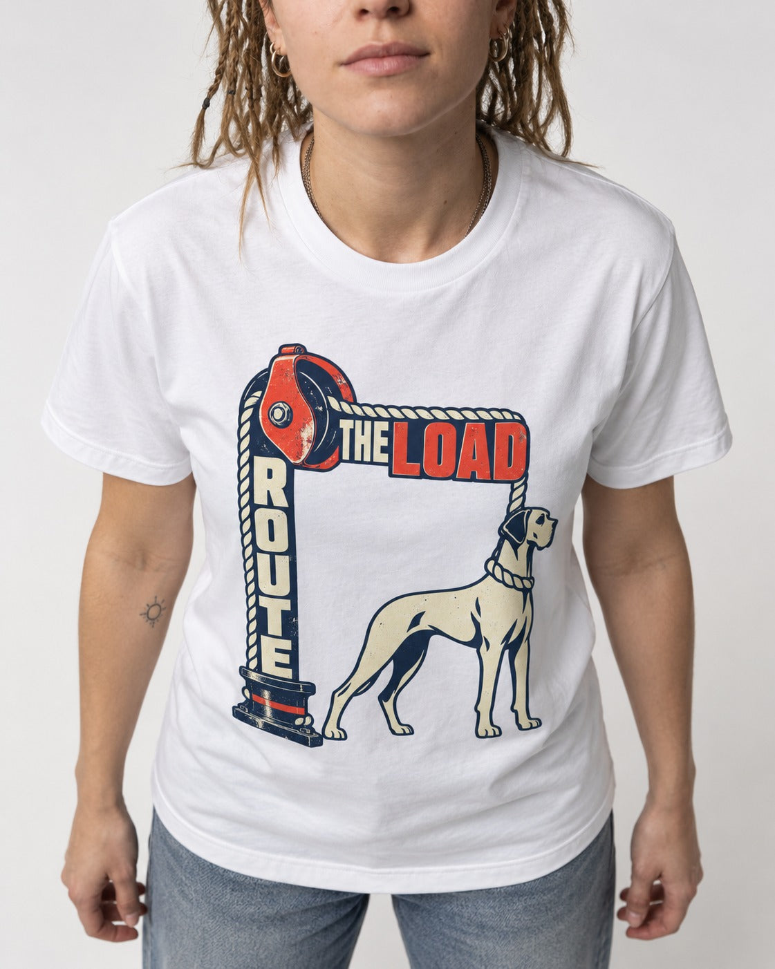 Great Dane Route the Load T-Shirt in White, worn by a model, front view