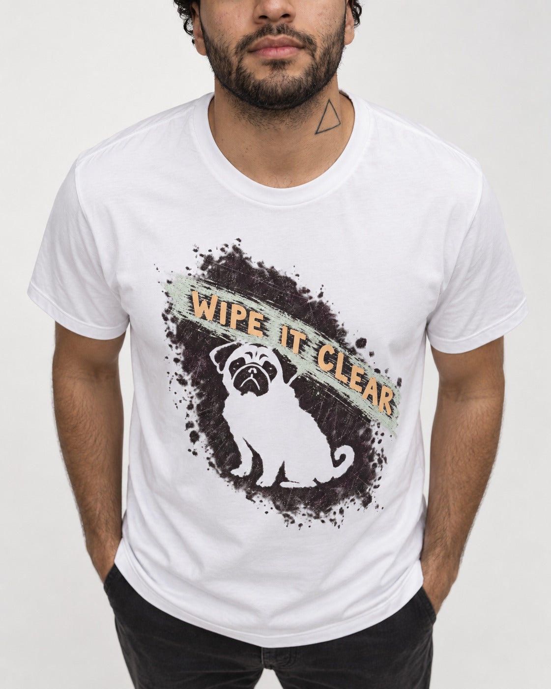 Pug Wipe It Clear T-Shirt in White, worn by a model, front view