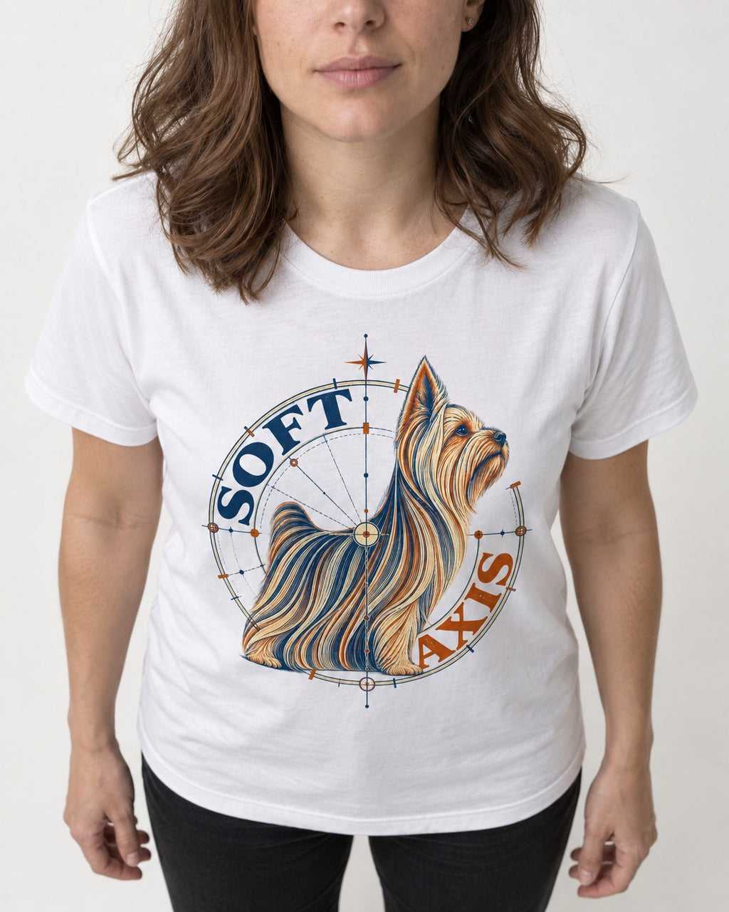 Soft Axis Yorkshire Terrier T-Shirt in White, worn by a model, front view