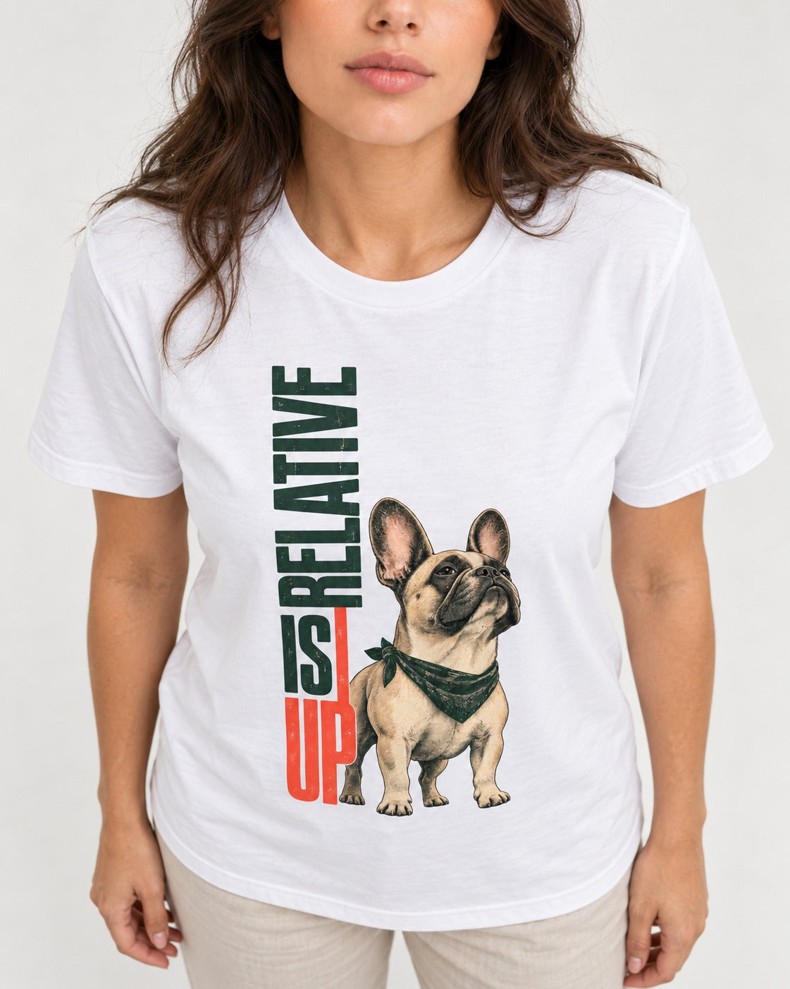 Up Is Relative Frenchie T-Shirt in White, worn by a model, front view